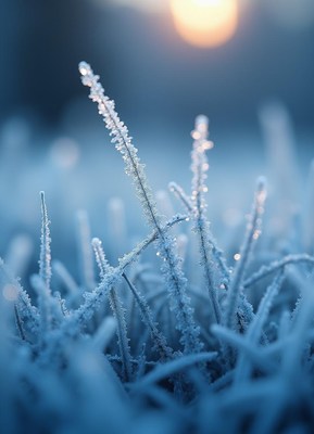 Frost-covered grass captures morning light in winter