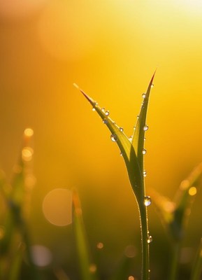Morning dew glistening on grass blades at sunrise