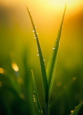 Morning dew glistens on green grass blades at sunrise