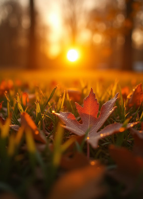 Autumn leaves gently resting under a golden sunset glow