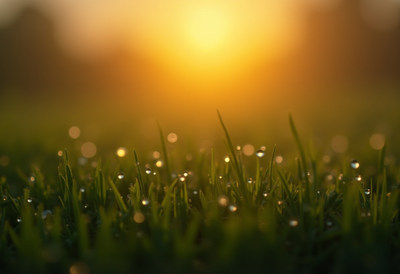 Morning dew glistens on grass at sunrise
