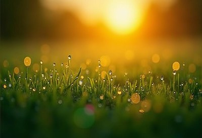 Morning dew glistens on grass at sunrise