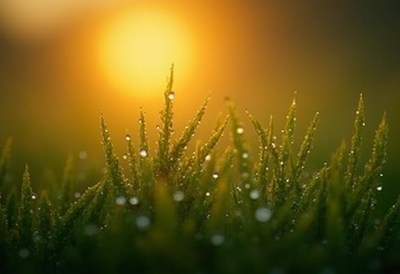 Morning sunlight illuminates dew-covered grass blades