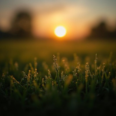 Sunset over dew-kissed grass in a tranquil field