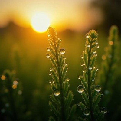 Dewy green plants basking in the sunrise glow