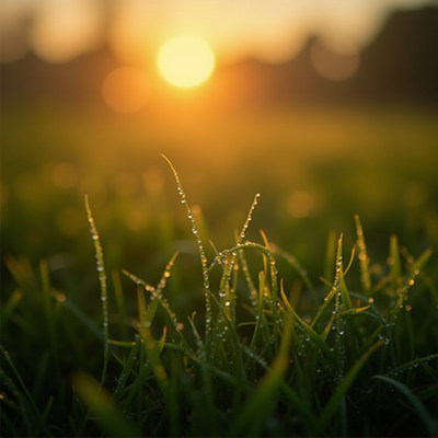 Morning dew sparkling on grass at sunrise