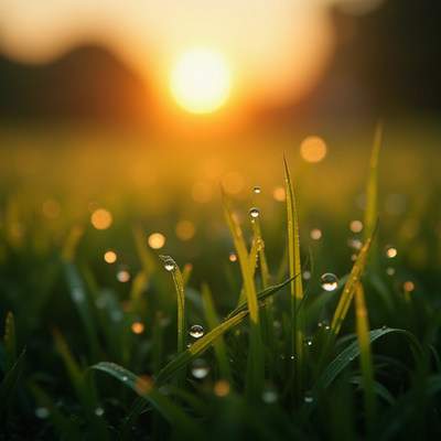 Morning sunlight illuminates dew on fresh grass blades