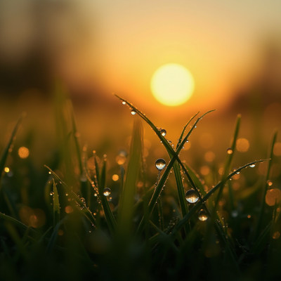 Sunlight glimmering on dew-covered grass at sunset