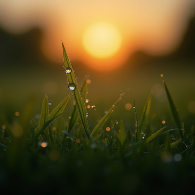 Morning dew glistens on grass at sunrise