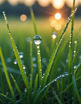 Dew drops glisten on grass blades at sunrise