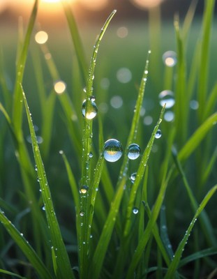 Morning dew glistens on fresh grass blades at sunrise