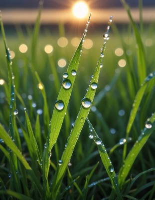 Morning dew glistens on grass at sunrise
