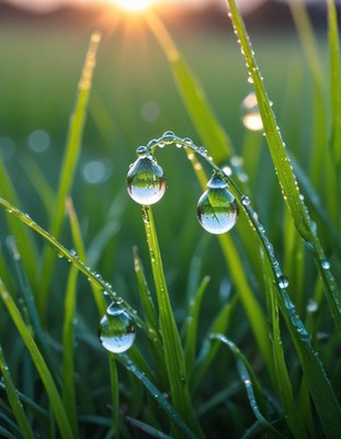 Morning dew glistens on green grass at sunrise