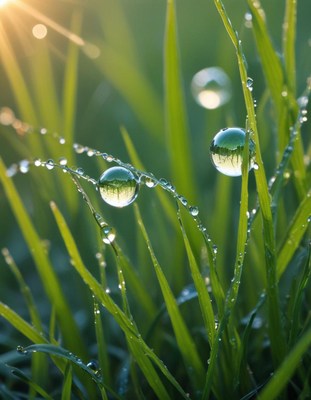 Dew drops reflect morning light on green grass blades