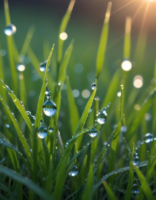 Morning dew glistens on blades of grass at sunrise