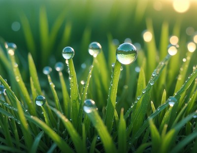 Dewdrops glisten on blades of grass in morning light