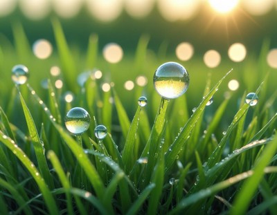 Dew drops glisten on green grass in early morning light
