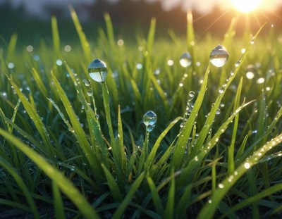 Morning dew glistens on fresh green grass blades