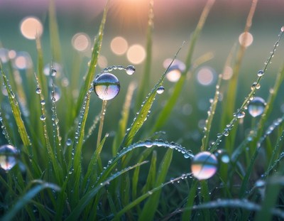 Dew droplets shimmer on grass blades in morning light