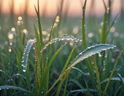 Dewy grass glimmers in the morning light