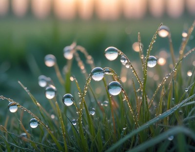 Dew drops glistening on grass blades at sunrise