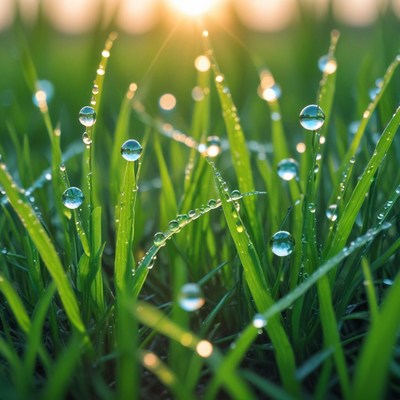 Morning dew glistens on fresh green grass blades