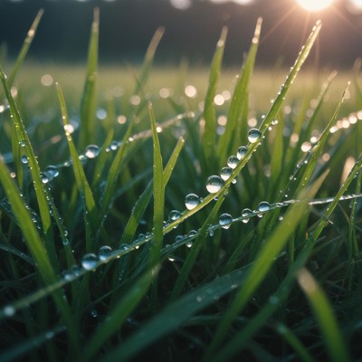 Morning dew rests on vibrant green grass blades
