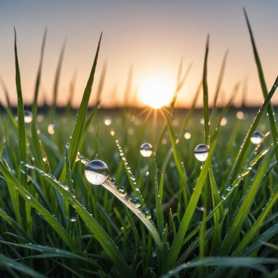 Morning dew glimmers on grass at sunrise
