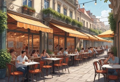 People enjoy lunch at a sunny outdoor cafe in the city