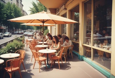 Sunny cafe terrace seating people in a lively street