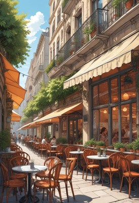 Charming outdoor cafe with vibrant umbrellas in a city