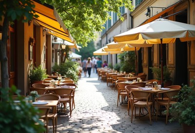 Outdoor dining area in a vibrant european street