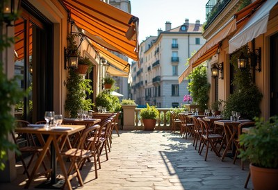 Cozy outdoor dining area in a sunny city square