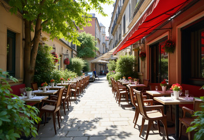 Outdoor dining area with plants and sunlight in the city