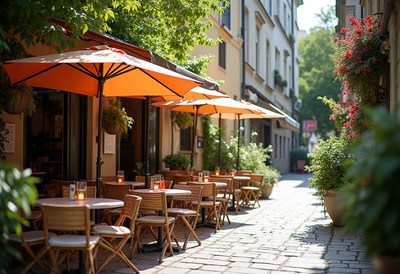 Charming outdoor dining area with orange umbrellas
