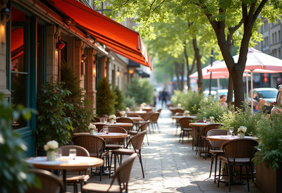 Outdoor dining area with tables under trees in sunlight