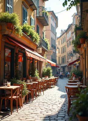Charming outdoor dining in a sunlit cobblestone street