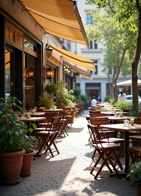 Cozy outdoor cafe with sunlit seating and greenery