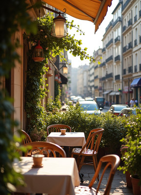 Cozy outdoor seating in a charming city street cafe