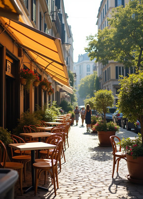 Charming street with outdoor dining in a sunlit city