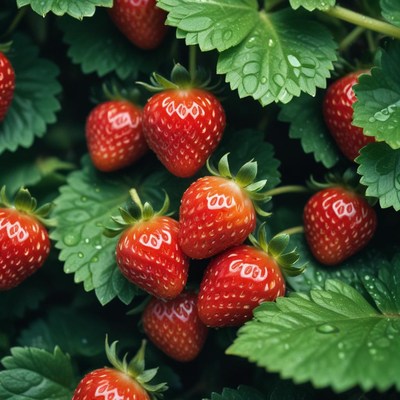Fresh red strawberries growing in a lush garden