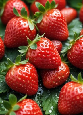 Fresh strawberries on green leaves at the market