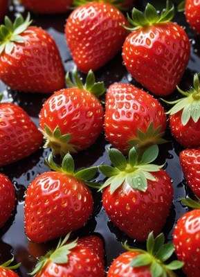 Fresh strawberries arranged on a dark surface