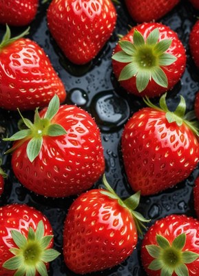 Fresh ripe strawberries arranged on a dark background