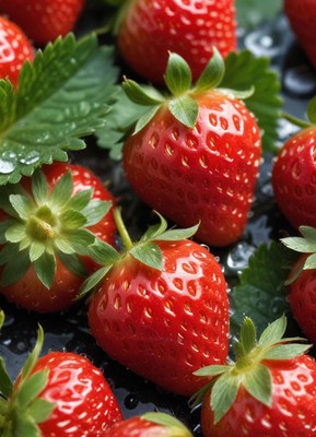Fresh strawberries surrounded by green leaves on display