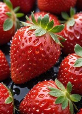 Freshly washed strawberries glistening with water droplets