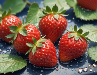 Strawberries with green leaves and dew droplets