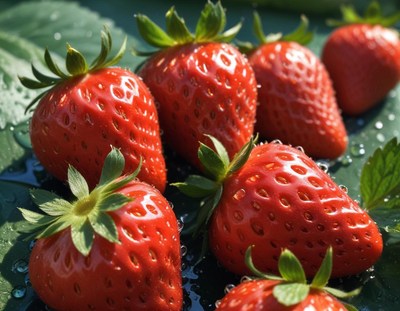 Fresh strawberries displayed on green leaves in sunlight