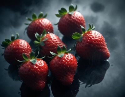 Fresh strawberries arranged artistically on a dark surface