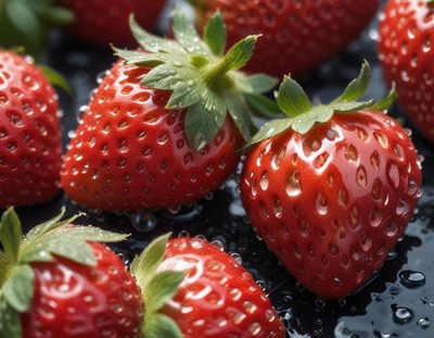 Red strawberries with water droplets on black